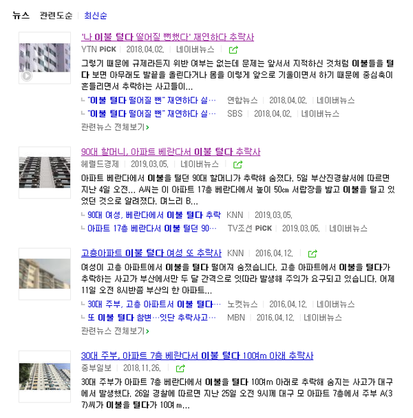 ⓒ 검색사이트에서 '이불털다'로 추락한 내용 검색시 노출되는 기사글들/네이버 검색