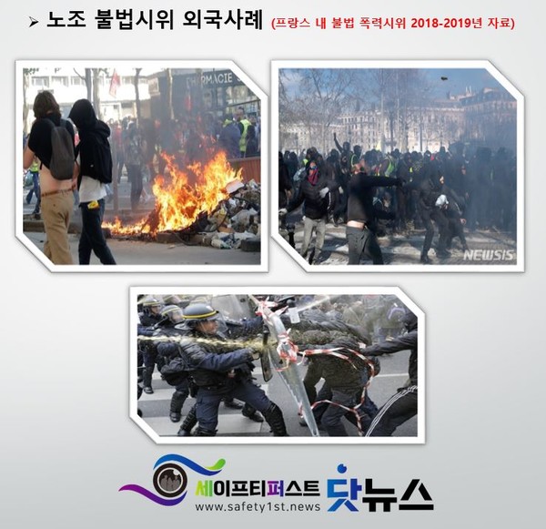 과한 열정으로 잘못된 행동으로 노동조합의 이미지가 악화되는 경우가 있다. 자료는 `18~19년도 프랑스 노조의 불법시위 모습.