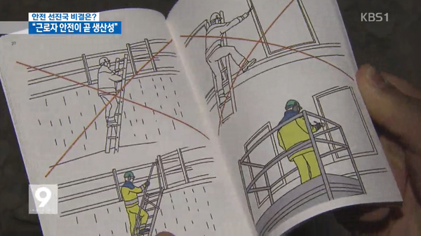 ⓒ2015년 1월 KBS 9시뉴스에서 소개된 스웨덴 건설현장의 작업자용 안전지침서 이미지