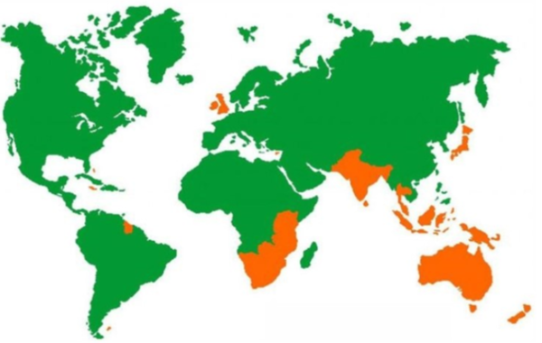 ⓒ운전석이 우측에 있는 나라들(주황색)