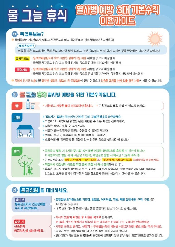 지난 5월30일 고용노동부가 배포한 포스터, 물과 그늘, 휴식공간을 제공하라는 내용을 확인 할 수가 있다. 출처 : 고용노동부