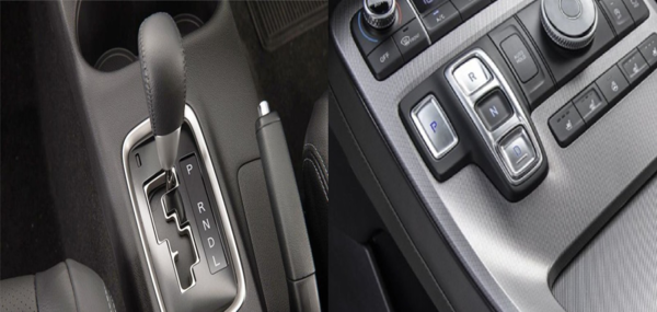 레버식 변속기(왼쪽)와 버튼식 변속기(오른쪽)가 서로 같은 P-R-N-D 순서의 배치를 보이고 있다. 출처: 다음 자동차