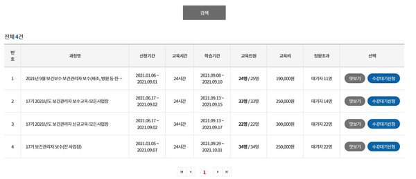 ⓒ21년 8월31일 직무교육센터 보건관리자 9월 교육신청 상황