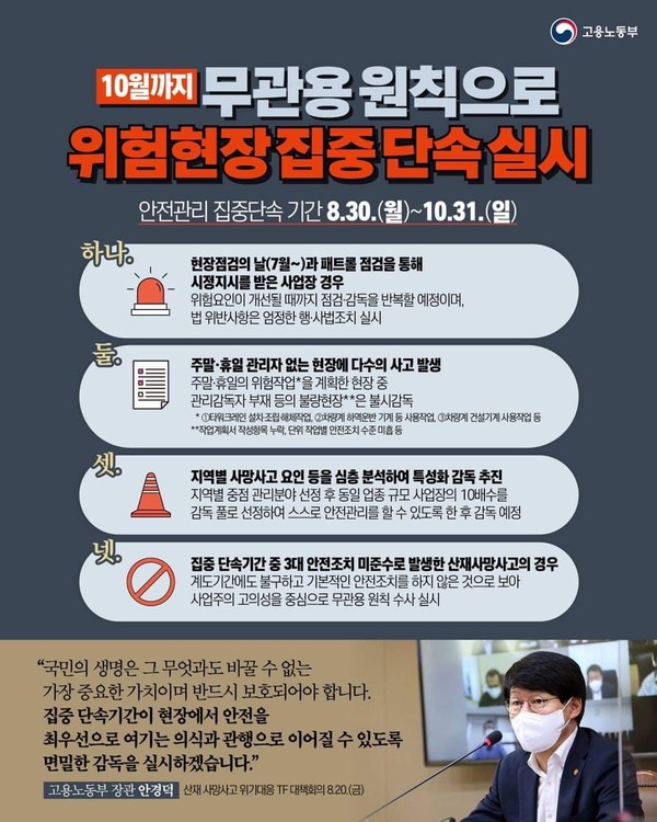 ⓒ무관용원칙으로 위험현장 집중단속 실시 포스터 출처 : 고용노동부