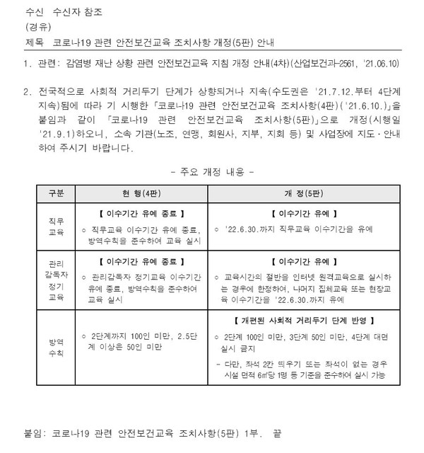 ⓒ코로나 19 관련 안전보건교육 조치사항 개정(5판)안내 관련 공문./고용노동부 자료