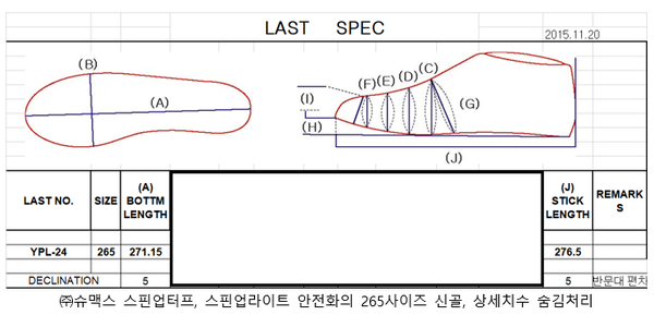 ⓒ㈜슈맥스 스핀업터프, 스핀업라이트 안전화의 265사이즈 신골, 상세치수 숨김처리