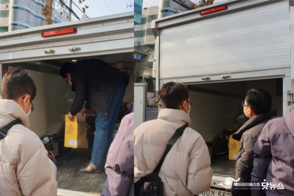 @저상탑차의 높이가 낮아 허리를 펴고 물건을 꺼낼수 없다.(좌측). 버튼을 누르면 원하는 높이만큼 탑차높이를 올릴수 있어 허리에 부담이 줄어든다(우측)/사진-세이프티퍼스트닷뉴스