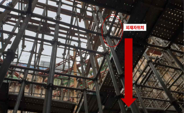 ⓒ시스템 동바리 상부에서 자재 운반작업 중 작업자 떨어짐 사고 발생 현장/출처-고용노동부
