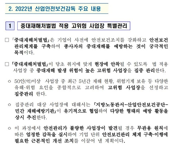 ⓒ  '2022년 산업안전감독 종합계획' 중 산업안전보건감독 주요 내용 /출처- 고용노동부