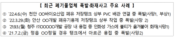 ⓒ최근 폐기물업체 폭발·화재사고 주요 사례(고용노동부)