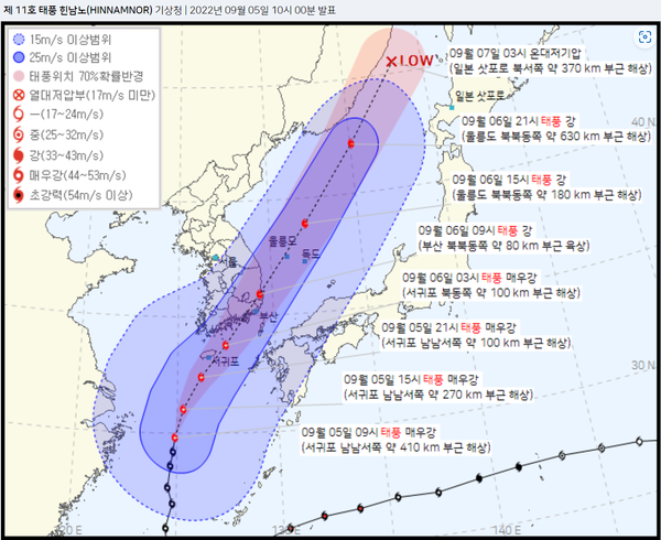 ⓒ제 11호 태풍 힌남노(HINNAMNOR) 기상청 | 2022년 09월 05일 10시 00분 발표