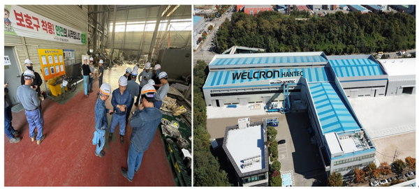 ⓒ(좌)작업 전 모바일 TBM을 통해 위험성평가를 실시하는 근로자, (우)웰크론한텍 공장 전경/사진-켐토피아 제공