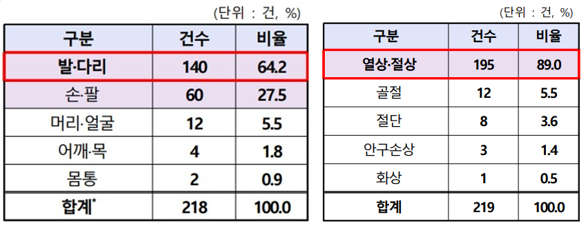 ⓒ부위별, 증상별 안전사고 현황 *위해부위 확인이 어려운 1건 제외 / 출처-한국소비자원