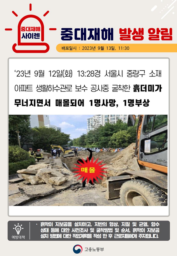 ⓒ중대재해사이렌에 올라온 9월 12일 중랑구 아파트단지내 사고 현장 자료/출처-고용노동부