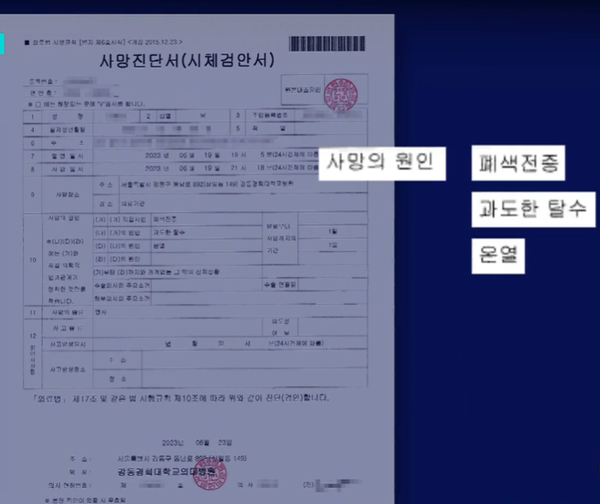 ⓒ최종 사망원인 진단서/출처-SBS 뉴스 영상 캡처