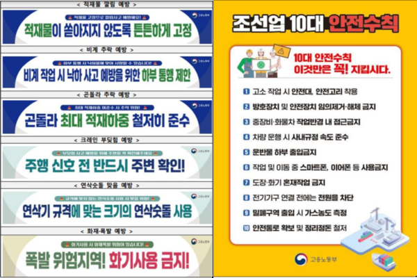 ⓒ고용노동부가 배포한 '위험표지판 부착 캠페인'(좌), '조선업 10대 주요 안전수칙'(우)/출처- 고용노동부