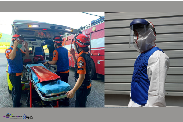 ⓒ쿨조끼를 착용하고 활동을 하는 구급대원들과 방호복위에 쿨조끼를 착용한 모습/사진- 에고테크