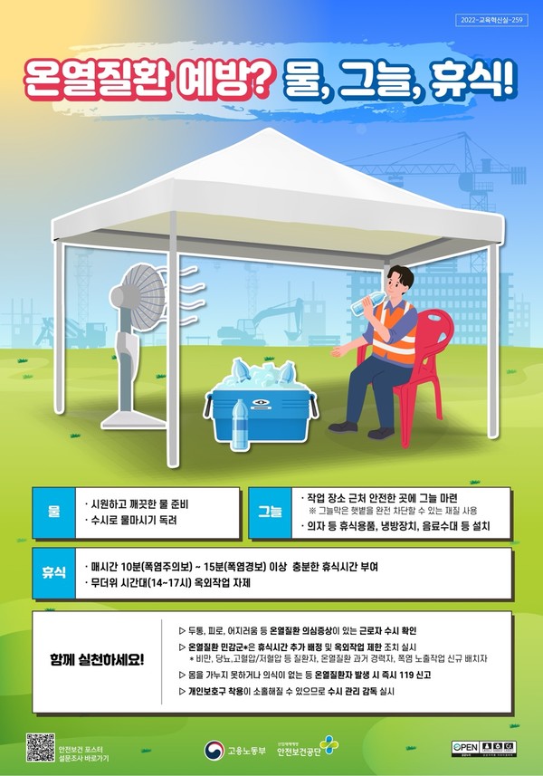 ⓒ 고용노동부, 안전보건공단-온열질환 예방 3대수칙 포스터
