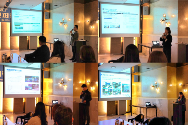 ⓒ우수 안전보건 활동 사례를 참석자들에게 공유하고 있는 발표자들(우측 위부터 시계방향으로 삼성물산 이은지 프로, 현대건설 김유리 매니저, 일성건설 서완택 과장, 동부건설 윤경성 부장)/사진- 세이프티퍼스트닷뉴스