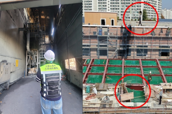 ⓒ고용노동부 천안지청(지청장 최종수)은 2025년부터 전국 최초로 ‘스마트 감독팀’을 운영한다. 드론을 활용해 현장 감독을 하고 있는 근로감독관(사진 좌측). 드론을 활용해서 안전모 미착용(사진 우측 위쪽)이나 추락 위험구간을 확인(사진 우측 아래쪽)하는 모습/사진- 고용노동부 천안지청 제공