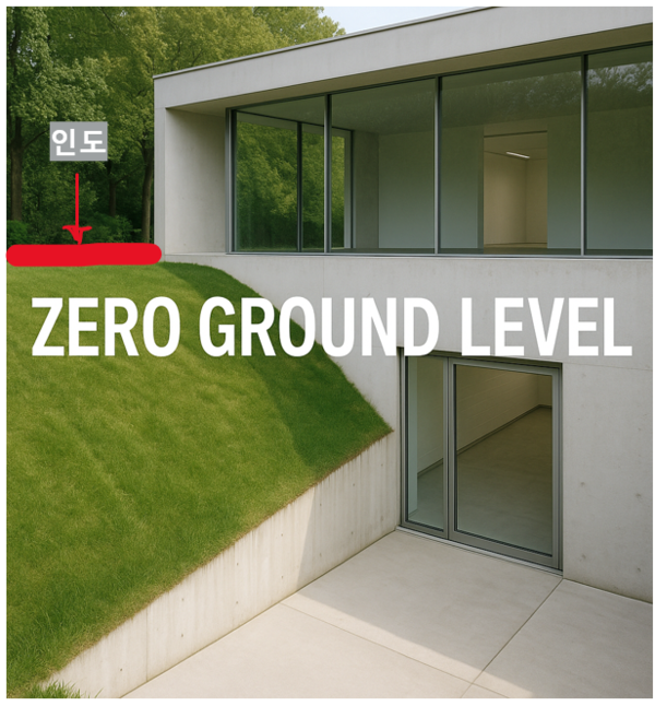 ⓒ이해를 돕기위한 제로그라운드 구조 이미지. 해당 건물은 현관 출입구가 1층이 아닌 인도와 연결된 2층에 만들어져 있다. 건물 구조를 모르는 사람이 1층에 있다가 화재가 나면 1층으로 바로 대피할 수 있는데도 자신이 들어왔던 2층에 있는 현관문으로 탈출하려고 올라가려다 질식사 할 수 있는 건물 구조를 가지고 있다./[AI 생성이미지]세이프티퍼스트뉴스(생성: 김희경), Chat-GPT 4o
