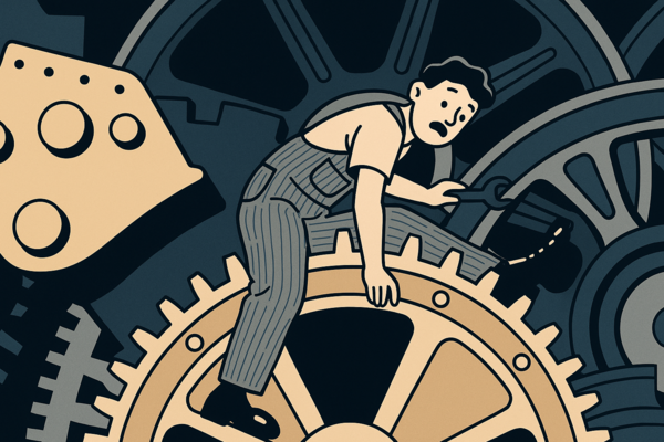 ⓒ고전 영화 『모던 타임즈』의 한 장면을 참고해서 생성한 이미지-세이프티퍼스트닷뉴스(생성 책임자: 김희경), ChatGPT